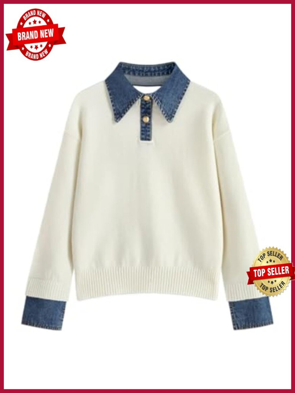 Oversized Polo Sweater Button Up Denim Collar Long Sleeve Knit Pullover